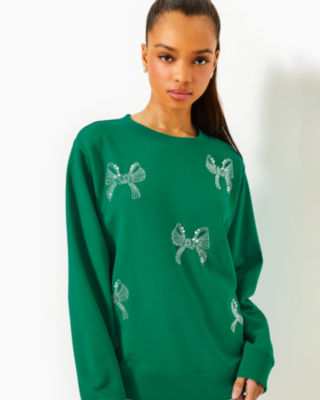 Ballad Cotton Sweatshirt, Fiddle Leaf Green Bow Embellishment, large - Lilly Pulitzer