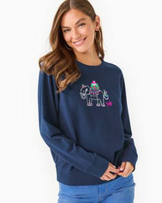 Ballad Cotton Sweatshirt, Low Tide Navy Holiday Elephant Embroidery, large - Lilly Pulitzer