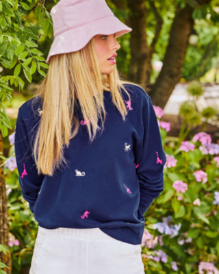 Shop Lilly Pulitzer Ballad Cotton Sweatshirt In Low Tide Navy Monkey Half Drop