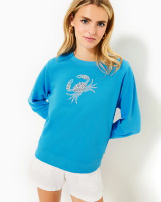 Ballad Cotton Sweatshirt, Lunar Blue Crab Embellishment, large - Lilly Pulitzer