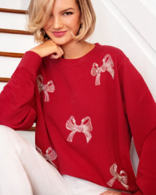 Ballad Cotton Sweatshirt, Malbec Red Bow Embellishment, large - Lilly Pulitzer