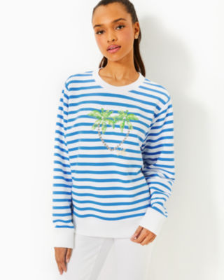 Ballad Sweatshirt, Blue Stream Stripe Twin Palms Embellishment, large - Lilly Pulitzer