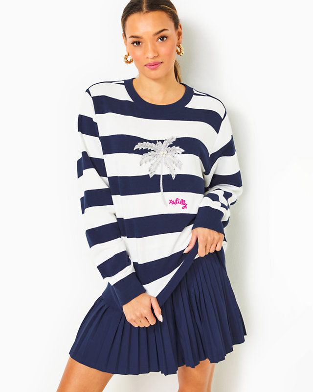 Ballad Cotton Sweatshirt, Low Tide Navy Palm Tree Embellished Graphic, large - Lilly Pulitzer