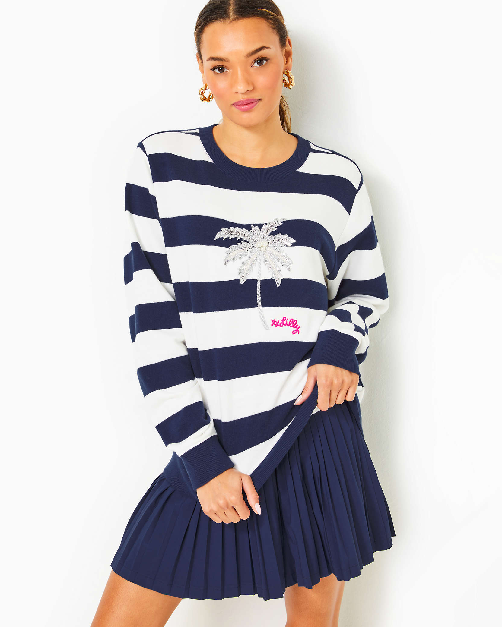 Lilly Pulitzer Ballad Cotton Sweatshirt In Low Tide Navy Palm Tree Embellished Graphic