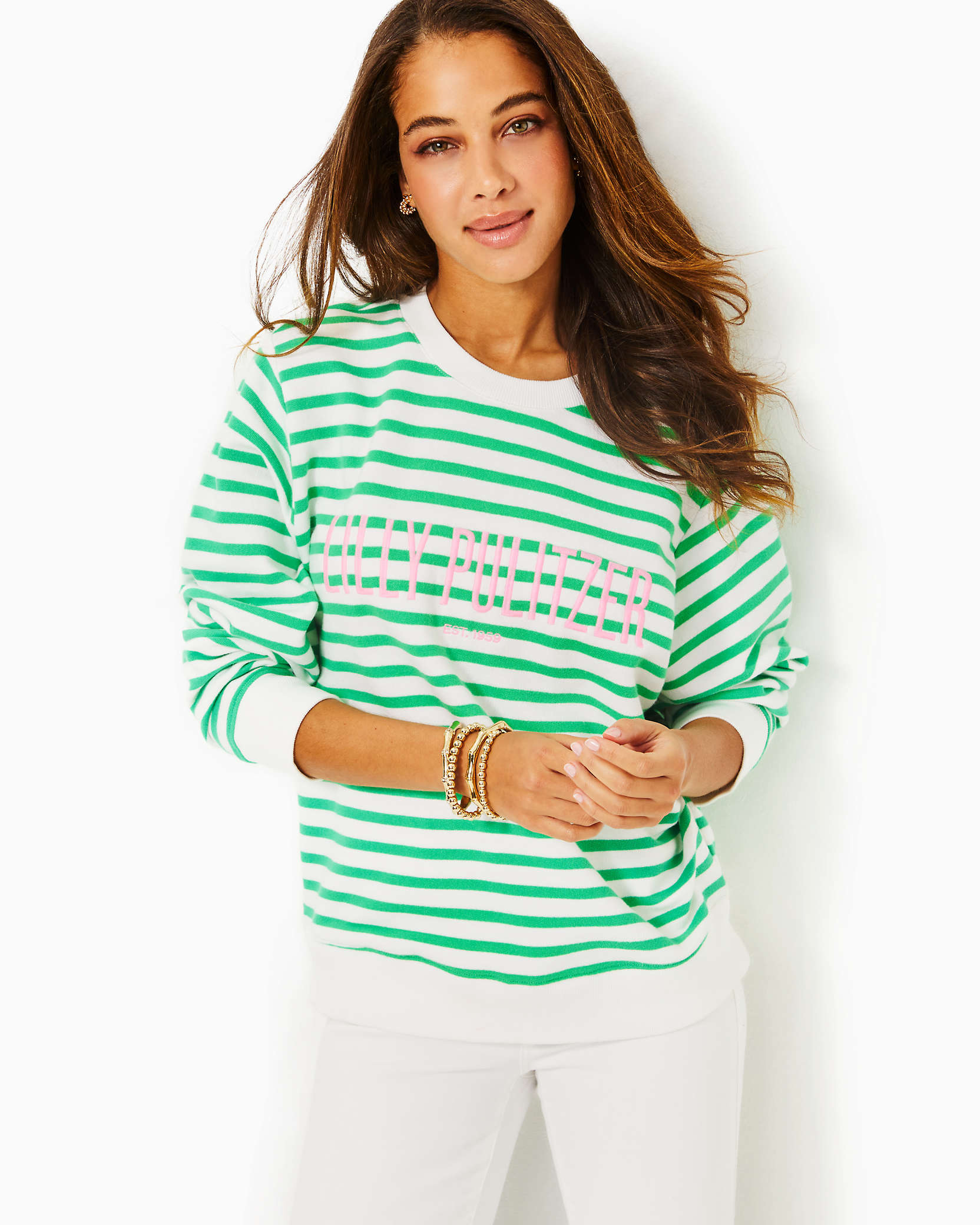 Shop Lilly Pulitzer Ballad Cotton Sweatshirt In Spearmint Striped  Embroidered Sweat