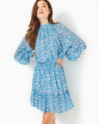 Ellielynn Long Sleeve Dress, Lunar Blue Palm Beach Petals, large image undefined