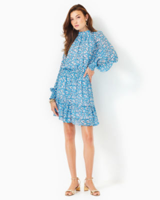 Ellielynn Long Sleeve Dress, Lunar Blue Palm Beach Petals, large image undefined