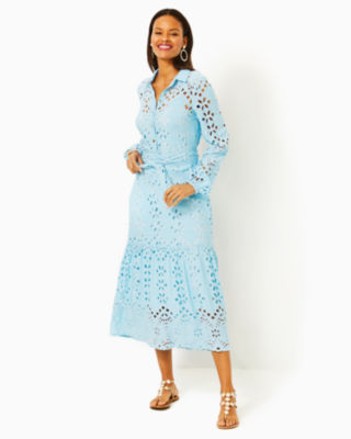Zia Eyelet Midi Shirtdress, Hydra Blue Soiree Eyelet, large