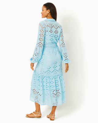 Zia Eyelet Midi Shirtdress, Hydra Blue Soiree Eyelet, large image undefined