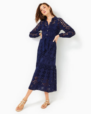 Shop Lilly Pulitzer Zia Eyelet Midi Shirtdress In True Navy Soiree Eyelet