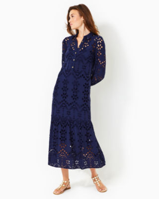 Zia Eyelet Midi Shirtdress, True Navy Soiree Eyelet, large image undefined