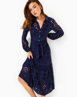 Zia Eyelet Midi Shirtdress, True Navy Soiree Eyelet, large image undefined