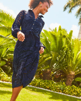 Zia Eyelet Midi Shirtdress, True Navy Soiree Eyelet, large image undefined