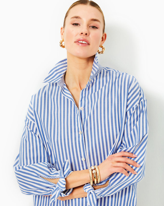 Lesia Relaxed Button Down Shirt, Briny Blue Cabana Stripe, large - Lilly Pulitzer