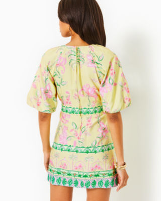 Soumya Short Sleeve Bow Romper, Finch Yellow Tropical Oasis Engineered Romper, large image null - Lilly Pulitzer