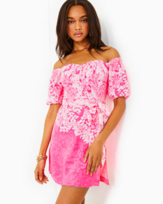 Lilly Pulitzer Winola Off-the-shoulder Romper In Roxie Pink Shadow Dancer Engineered Romper