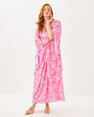 Mindy Beaded Silk Maxi Caftan, Rousseau Pink Zen Garden, large image 1