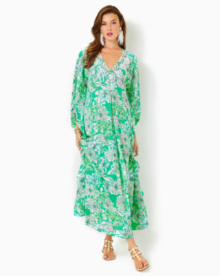 Shop Lilly Pulitzer Mindy Beaded Silk Maxi Caftan In Spearmint Blossom Views