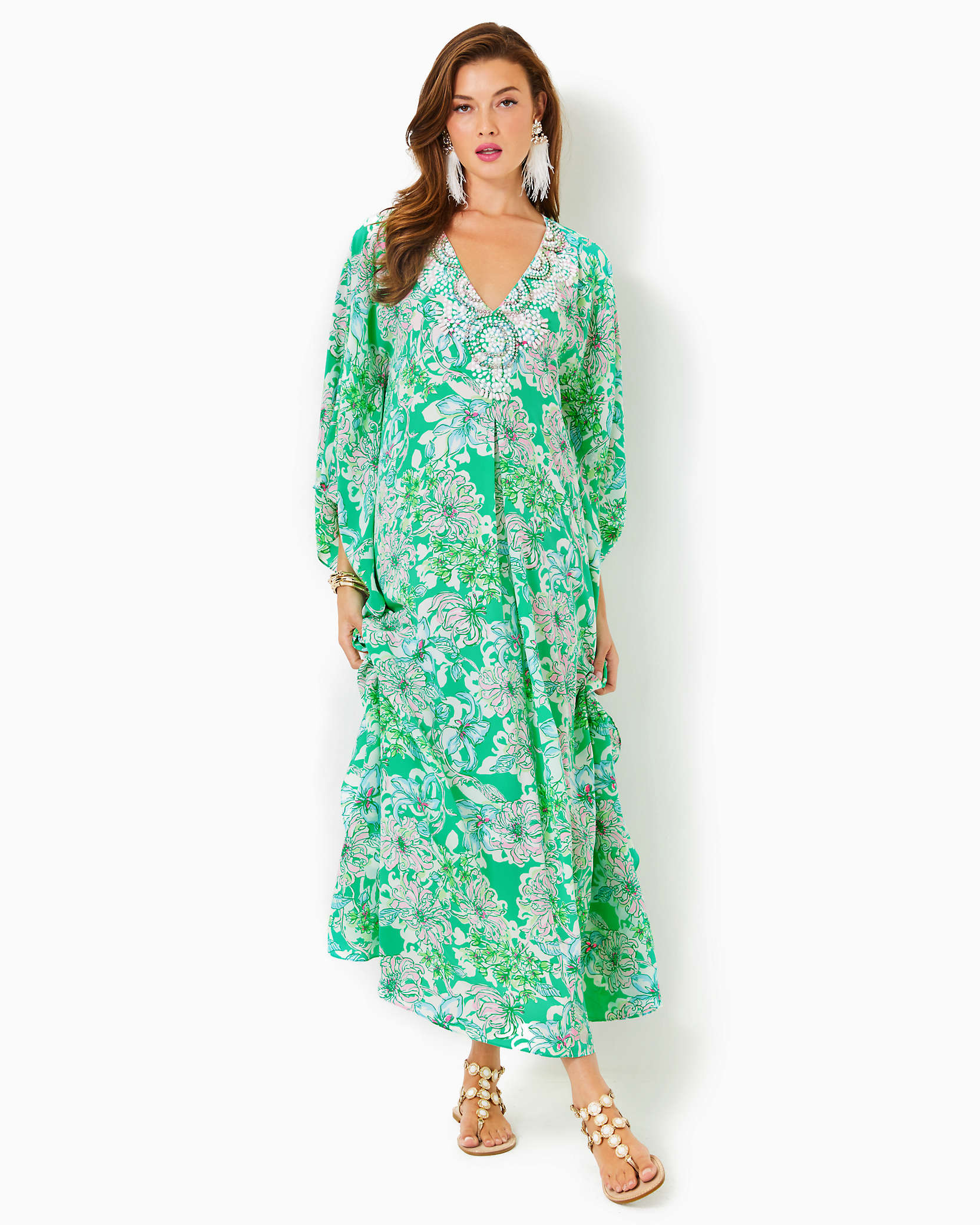 Lilly Pulitzer Mindy Beaded Silk Maxi Caftan In Spearmint Blossom Views