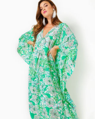 Mindy Beaded Silk Maxi Caftan, Spearmint Blossom Views, large image undefined