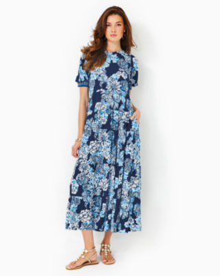 Ameilia Elbow Sleeve Midi Dress, Low Tide Navy Bouquet All Day Engineered Woven Dress, large - Lilly Pulitzer