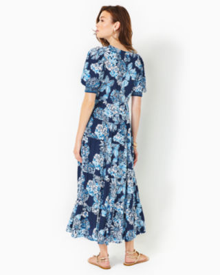 Shop Lilly Pulitzer Ameilia Elbow Sleeve Midi Dress In Low Tide Navy Bouquet All Day Engineered Woven Dress