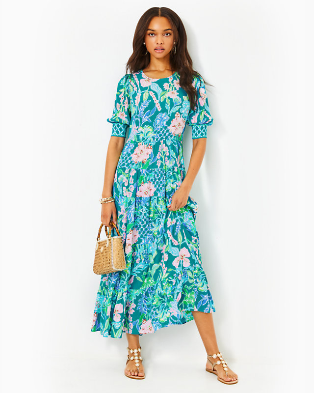 Ameilia Elbow Sleeve Midi Dress, Multi Hot On The Vine Engineered Woven Dress, large - Lilly Pulitzer