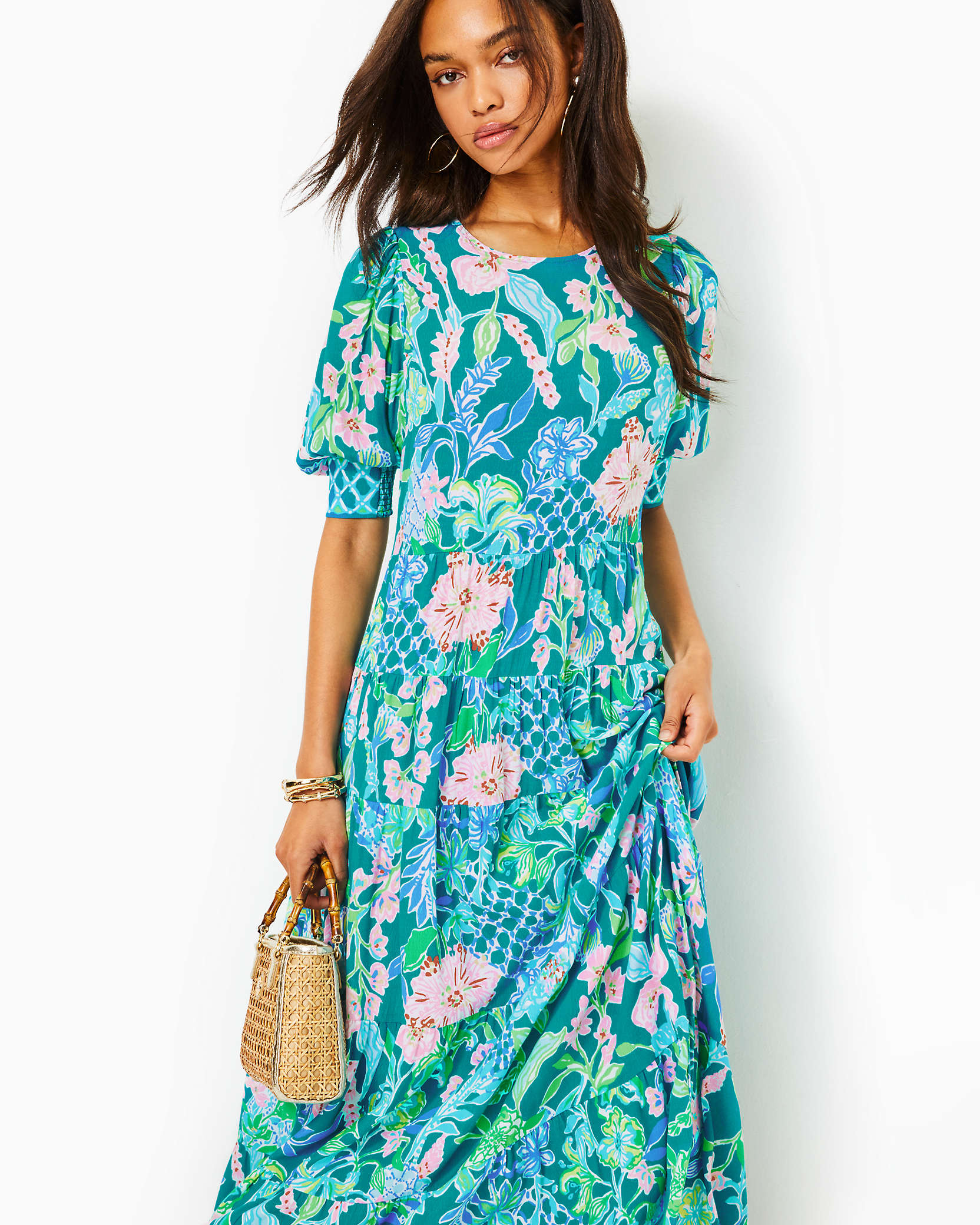 Shop Lilly Pulitzer Ameilia Elbow Sleeve Midi Dress In Multi Hot On The Vine Engineered Woven Dress