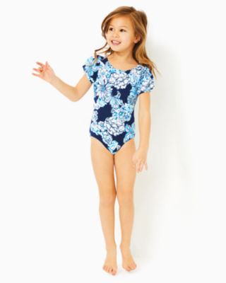 Shop Lilly Pulitzer Girls Waterfall One-piece Swimsuit In Low Tide Navy Bouquet All Day Swim