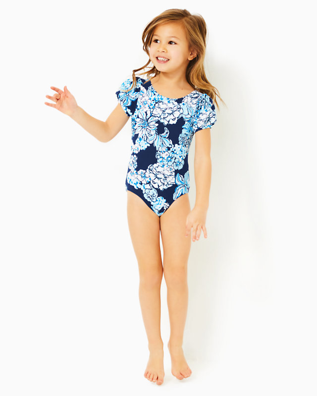 Girls Waterfall One-Piece Swimsuit, Low Tide Navy Bouquet All Day Swim, large - Lilly Pulitzer