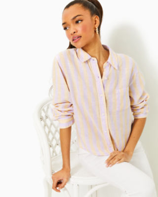 Coralynn Button Down Shirt, Lilac Opal Island Secrets Stripe, large - Lilly Pulitzer