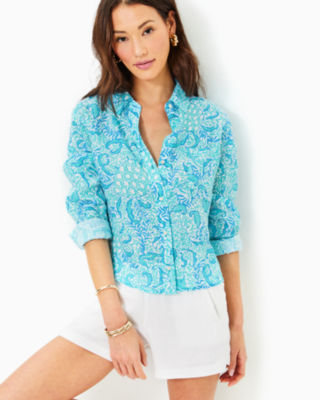 Coralynn Button Down Shirt, Resort White Goombay Grooves, large - Lilly Pulitzer