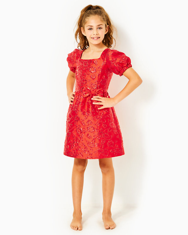 Girls Alannah Dress, Amaryllis Red Puff Floral Brocade, large - Lilly Pulitzer