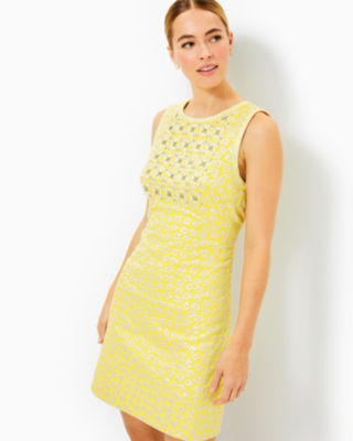 Karsyn Shift Dress, Finch Yellow Bitsy Blossom Brocade, large - Lilly Pulitzer