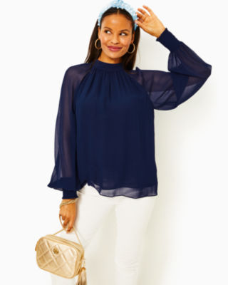 Chic Women's Navy Blouses, Colorful Tops