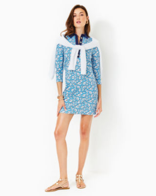Ainslee 3/4 Sleeve Dress, Lunar Blue Palm Beach Petals, large image undefined