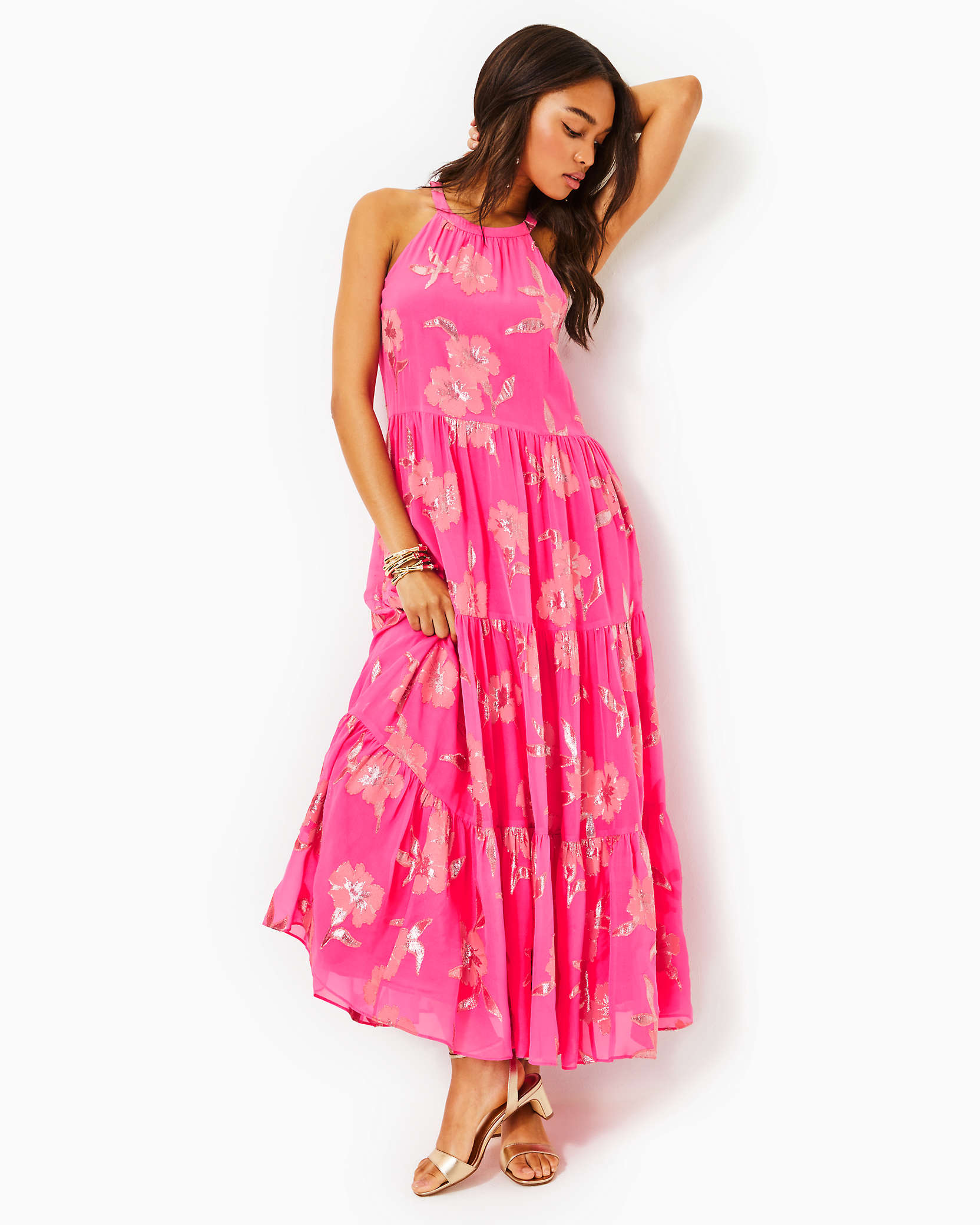 Shop Lilly Pulitzer Beccalyn Halter Maxi Dress In Roxie Pink Anniversary Silk Clip