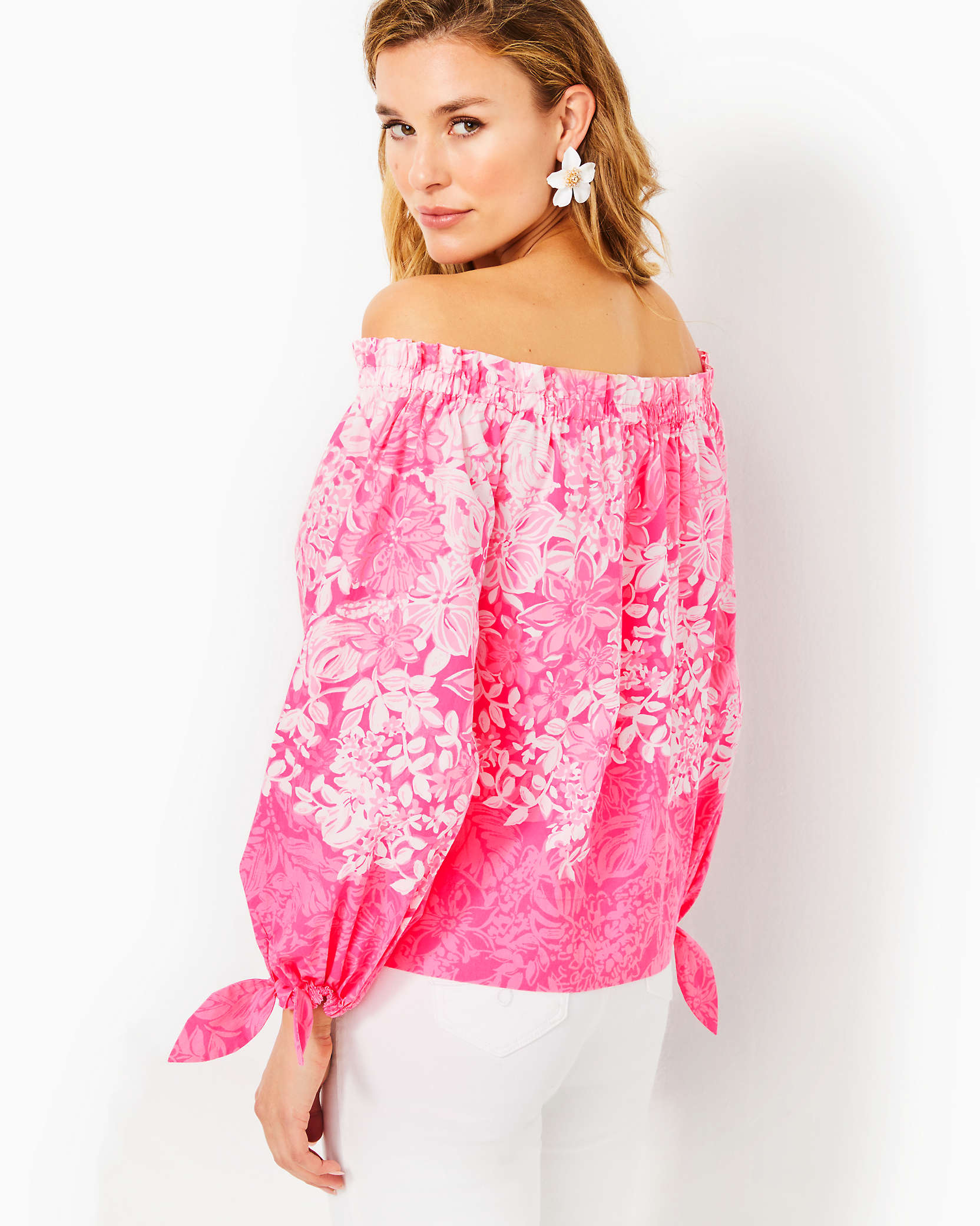 Shop Lilly Pulitzer Jamielynn Off-the-shoulder Top In Roxie Pink Shadow Dancer Engineered Woven Top