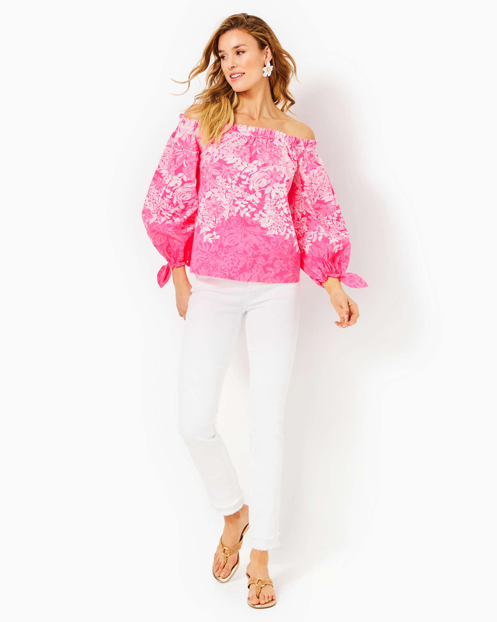 Shop Lilly Pulitzer Jamielynn Off-the-shoulder Top In Roxie Pink Shadow Dancer Engineered Woven Top