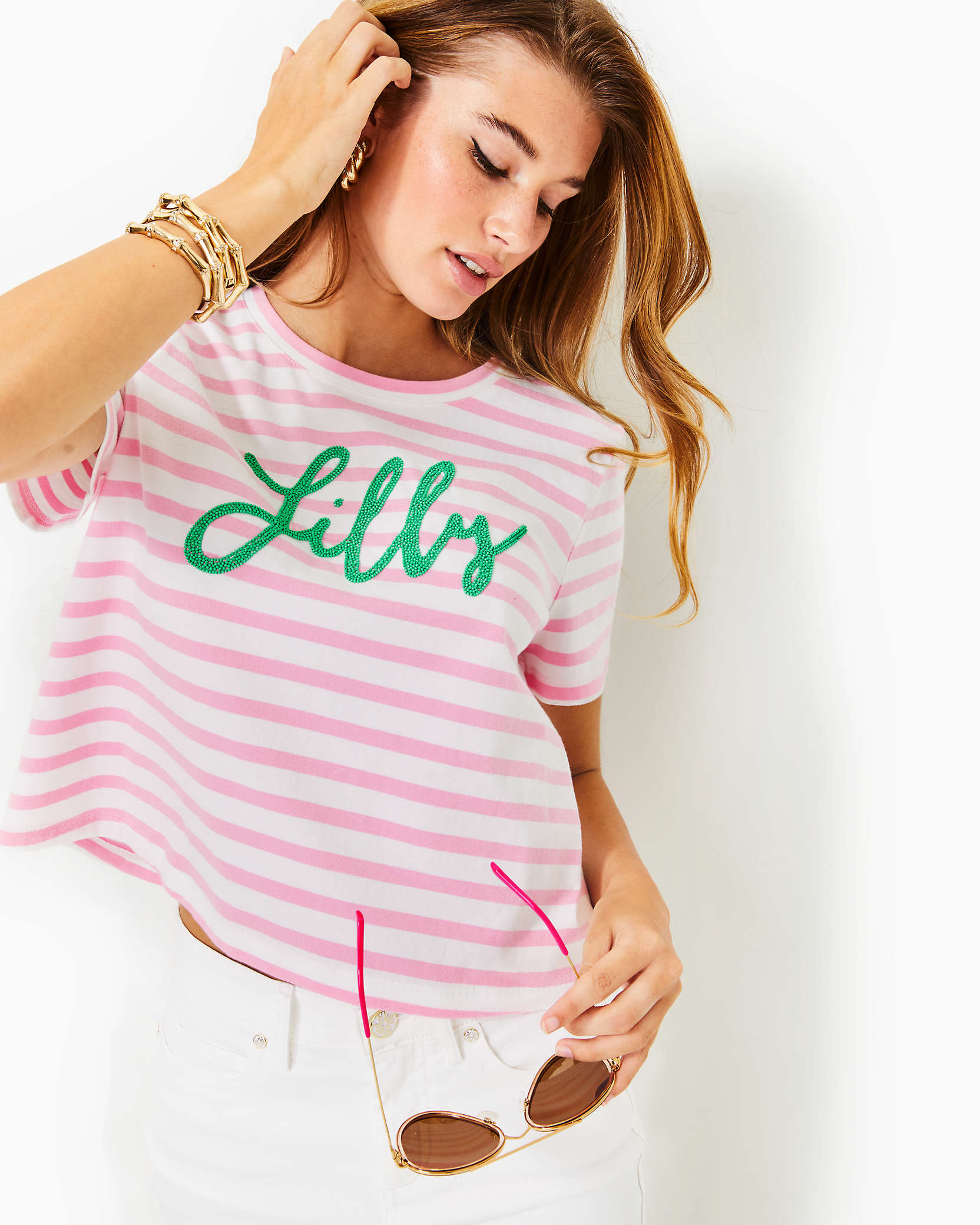 Lilly Pulitzer Keenan Cropped Cotton Top In Conch Shell Pink Striped  Embellished Top