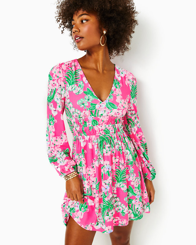 Calla Long Sleeve V-Neck Dress, Roxie Pink Worth A Look, large - Lilly Pulitzer