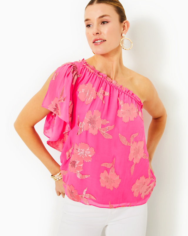 Saraleigh One-Shoulder Top, Roxie Pink Anniversary Silk Clip, large - Lilly Pulitzer