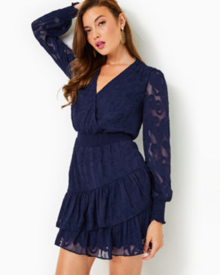 Cristiana Long Sleeve Dress, True Navy Poly Crepe Swirl Clip, large image undefined