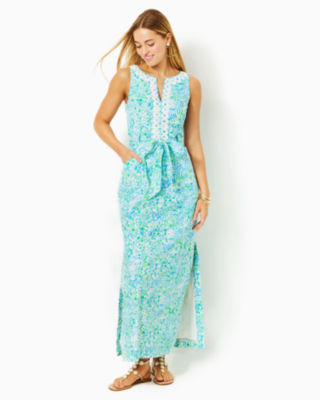 Gulianna Cotton Maxi Shift Dress, Hydra Blue Dandy Lions, large image undefined