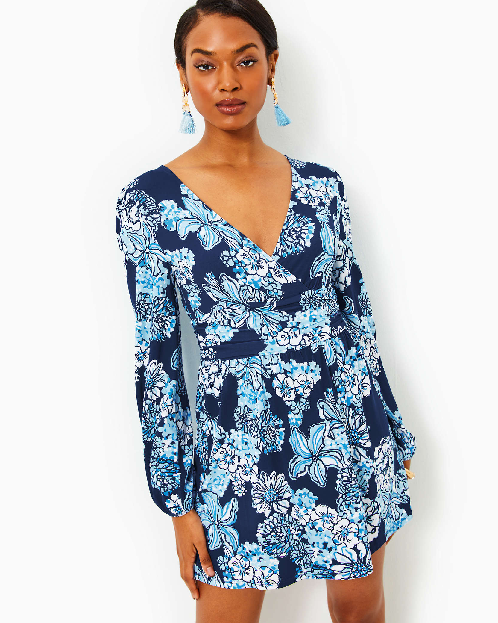 Shop Lilly Pulitzer Riza Long Sleeve Romper In Low Tide Navy Bouquet All Day
