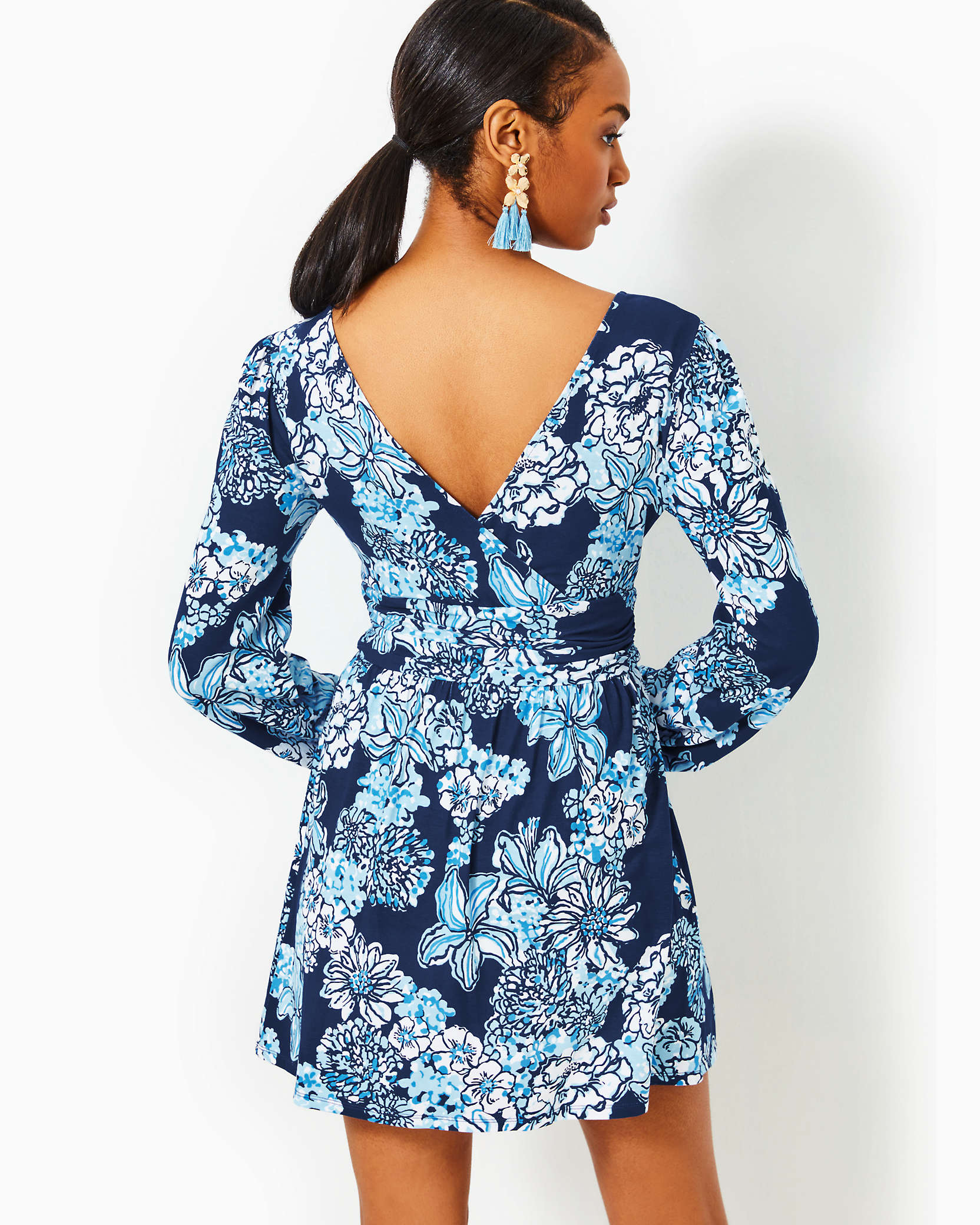 Shop Lilly Pulitzer Riza Long Sleeve Romper In Low Tide Navy Bouquet All Day