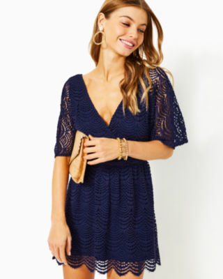 New-design Solid Contrast Lace Sweetheart Neck Dress (Color : Navy