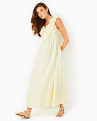 Ritamarie Ruffle Maxi Dress, Pastel Finch Yellow Flora Faille, large image undefined
