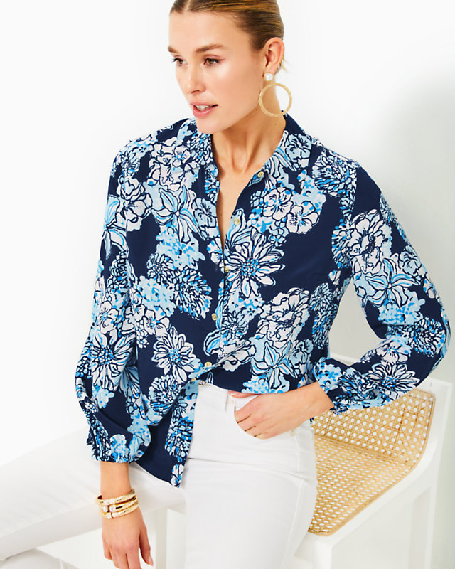 Farren Silk Top, Low Tide Navy Bouquet All Day, large - Lilly Pulitzer