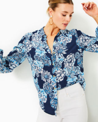 Shop Lilly Pulitzer Farren Silk Top In Low Tide Navy Bouquet All Day